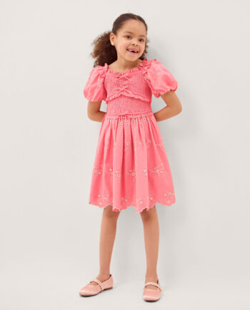 Embroidered Puff Sleeve Smocked Dress Pink