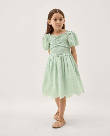 Embroidered Puff Sleeve Smocked Dress Green