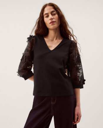 Fi Floral Appliqué Jersey Top Black