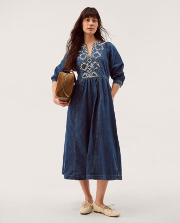 Betty Embroidered Denim Midi Dress Blue