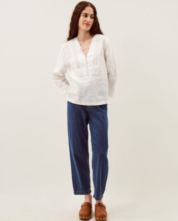 Jayla V-Neck Lace Linen Blouse White