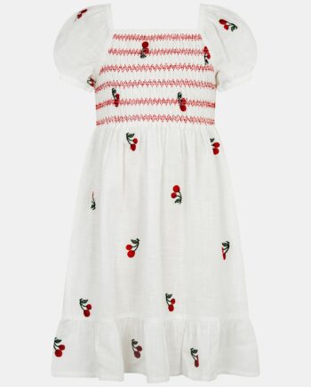 GIRLS CHERRY EMBROIDERED COTTON DRESS WHITE