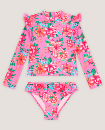 Tropical Flower Print UPF50+ Long Sleeve Swim Set Pink