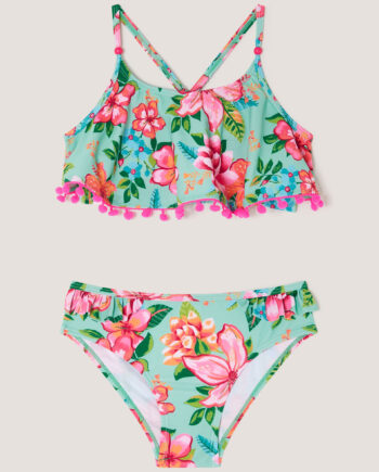 Tropical Flower Frill Bikini Swim Set Blue