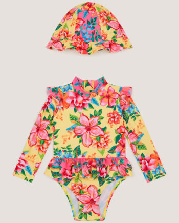Baby Floral UPF50+ Swimsuit & Hat Yellow
