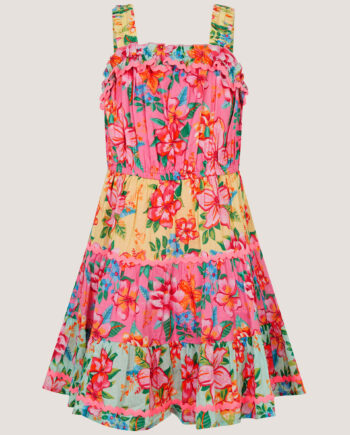 Tropical Flower Print Scallop Trim Dress Pink