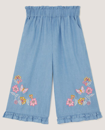 Floral Embroidered Wide Leg Trousers Blue