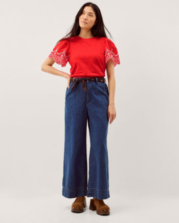 Bree Broderie Sleeve Jersey T-Shirt Red