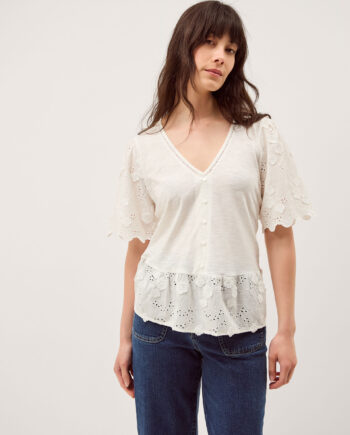 Freya V-Neck Floral Broderie Top Ivory