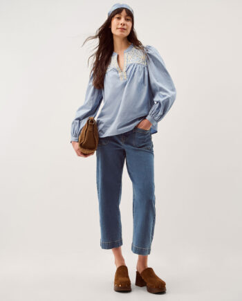 Erica V-Neck Embroidered Blouse Blue