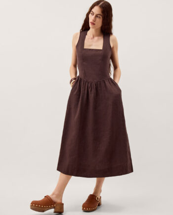 Lily Square Neck Linen Midi Dress Brown