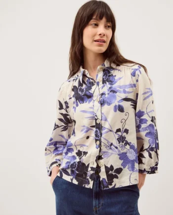 Nicolette Floral Linen Blend Shirt Blue