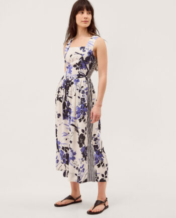 Nicolette Floral Linen Blend Midi Dress Blue