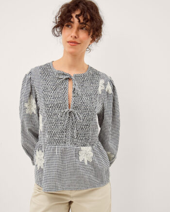 Mimi Embroidered Gingham Top Black