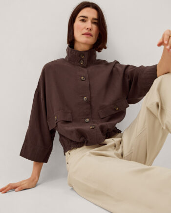 Marie Funnel Neck Linen Blend Jacket Brown