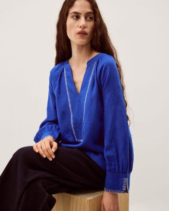 Frida V-Neck Linen Blouse Blue