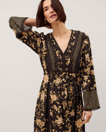 Rosaleigh V-Neck Floral Midi Dress Black