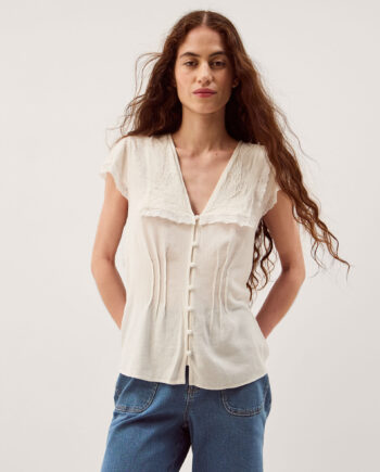 Frannie Square Collar Linen Blend Top Ivory