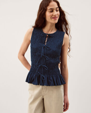 Steff Sleeveless Smocked Jersey Top Blue