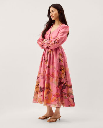 Aimee V-Neck Floral Print Midi Shirt Dress Pink