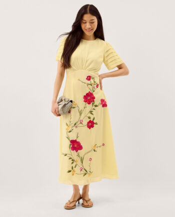 Jocelyn Floral Embroidered Midi Dress Yellow