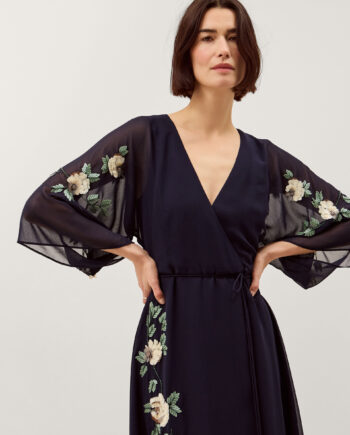 Clara Floral Embellished Midi Wrap Dress Blue