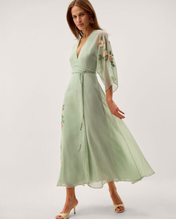 Clara Floral Embellished Midi Wrap Dress Green