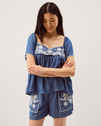 Isla Short Sleeve Embroidered Denim Top Blue