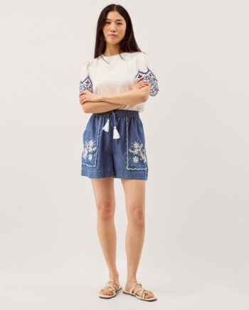 Isla Embroidered Denim Shorts Blue