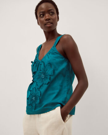 Rosalie Sleeveless Floral Embellished Top Teal