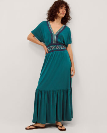 Jacqui Embroidered Jersey Midi Dress Teal