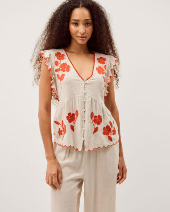 Rhea Embroidered Linen Blend Top Natural