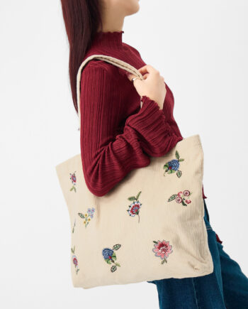 FLORAL EMBROIDERED CORDUROY SHOPPER BAG CREAM
