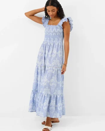 Feather Print Frill Midi Dress Blue