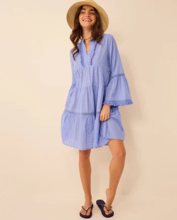 Flute Sleeve Dobby Beach Dress Blue