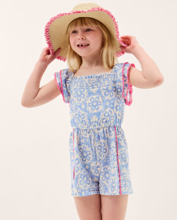 Batik Print Ruffle Playsuit Blue