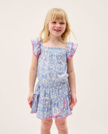 Batik Print Ruffle Top & Skirt Set Blue