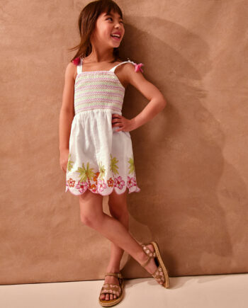 Palm Print Smocked Playsuit Ivory