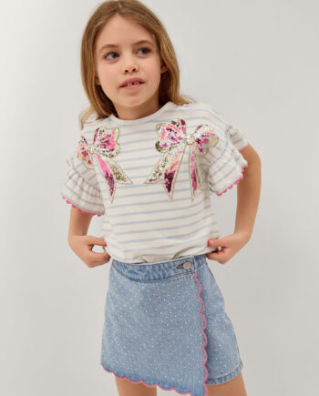 Sequin Bow Stripe T-Shirt Ivory