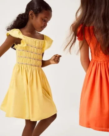 Stripe Shirred Lace Trim Dress Yellow