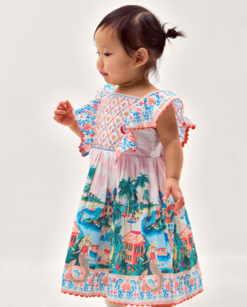 Baby Resort Scene Smock Dress Ivory