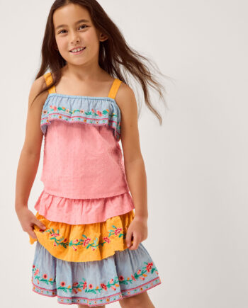 Floral Embroidered Colourblock Top & Skirt Set Multi