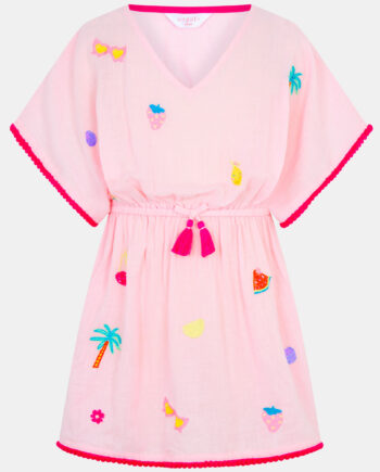 GIRLS FRUIT EMBROIDERED COTTON KAFTAN PINK