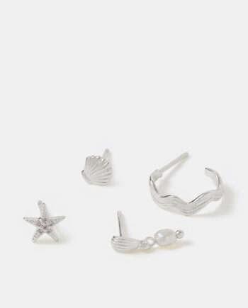 4-PACK STERLING SILVER-PLATED SHELL STUD & HOOP EARRINGS