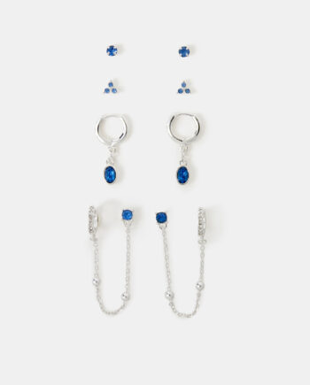 4-PACK STONE STUD & CHAIN HOOP EARRINGS BLUE