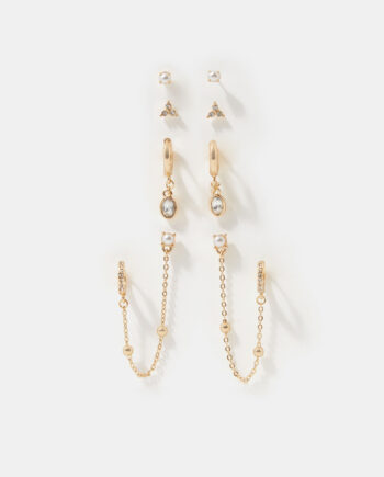 4-Pack Stone Stud & Chain Hoop Earrings Gold