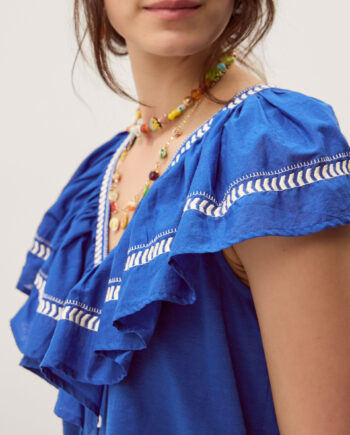 Fenn Embroidered Ruffle Jersey Top Blue