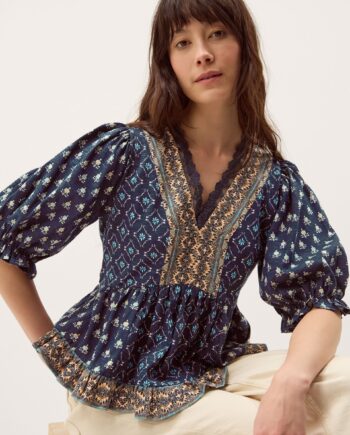 Stacee Puff Sleeve Print Jersey Top Blue