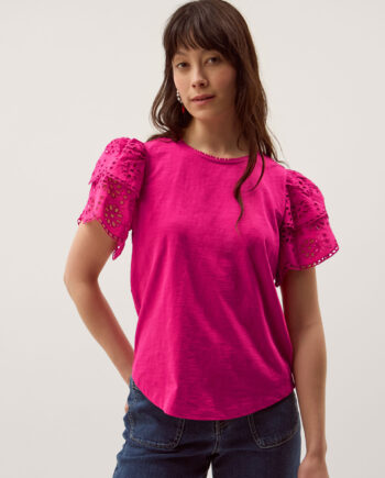 Bev Broderie Sleeve Jersey T-Shirt Pink
