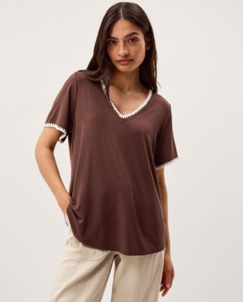 Tilly Contrast Stitch Jersey T-Shirt Brown
